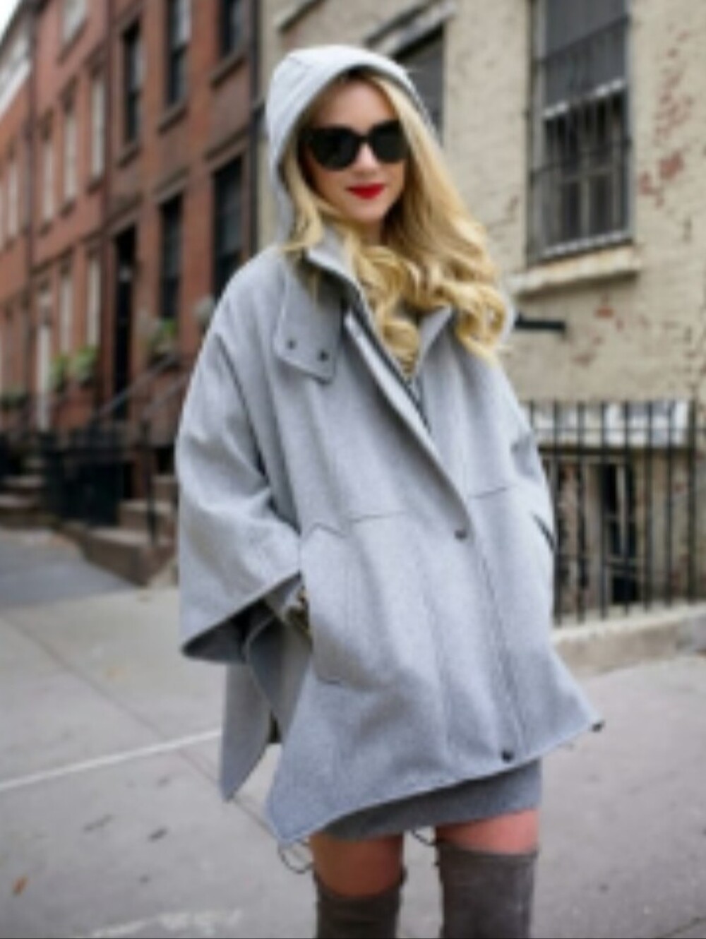 Halogen Gray Wool-Blend Hooded Baggy Poncho Cape XS S Outdoor